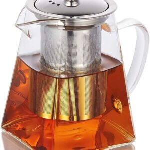 Square Glass Teapot with Infuser, Tea Pot for One, Clear Teapot Easy Clean Borosilicate Glass Teapot for Stovetop Safe,Glass Teapots for Blooming Tea,Loose Tea,Flowering Tea(550ML)